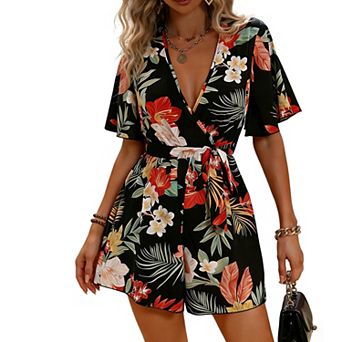 Lightweight Floral Wrap Romper with Self-Tie Belt V-Neck, Flutter Sleeves Romper for Summer