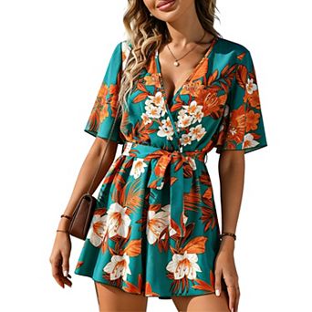Lightweight Floral Wrap Romper with Self-Tie Belt V-Neck, Flutter Sleeves Romper for Summer