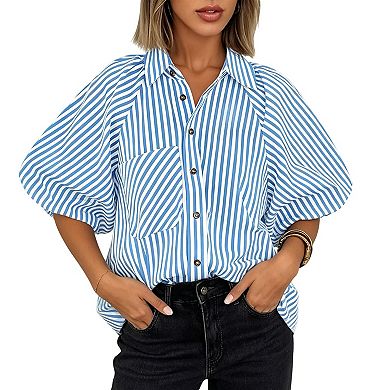 Women's Striped Button Down Shirt, Batwing Sleeve Pocketed Casual Loose Blouse Top