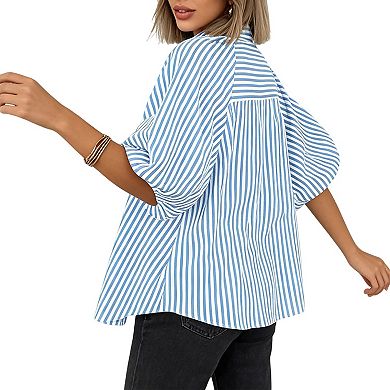Women's Striped Button Down Shirt, Batwing Sleeve Pocketed Casual Loose Blouse Top