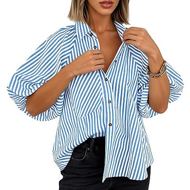 Women's Striped Button Down Shirt, Batwing Sleeve Pocketed Casual Loose Blouse Top