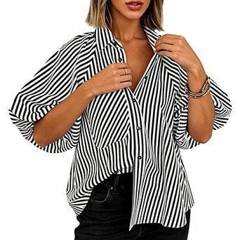 Women's Striped Button Down Shirt, Batwing Sleeve Pocketed Casual Loose Blouse Top