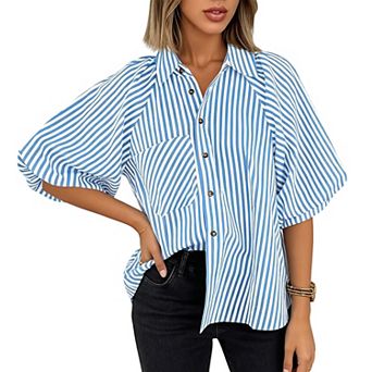 Women's Striped Button Down Shirt, Batwing Sleeve Pocketed Casual Loose Blouse Top