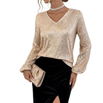 Sequin V-Neck Blouse with Billowy Lantern Sleeves Glam Top for Parties, Cocktails & Holiday Events