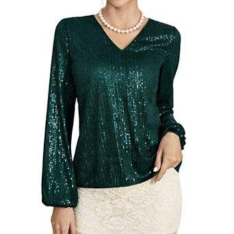 Sequin V-Neck Blouse with Billowy Lantern Sleeves Glam Top for Parties, Cocktails & Holiday Events