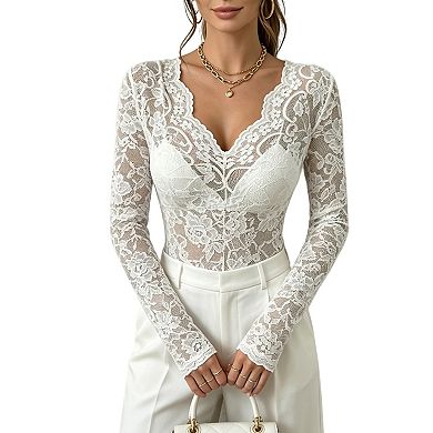Stretch Lace Deep V-Neck Bodysuit with Scalloped Trim Sheer Long Sleeve, Floral Pattern Snap Closure