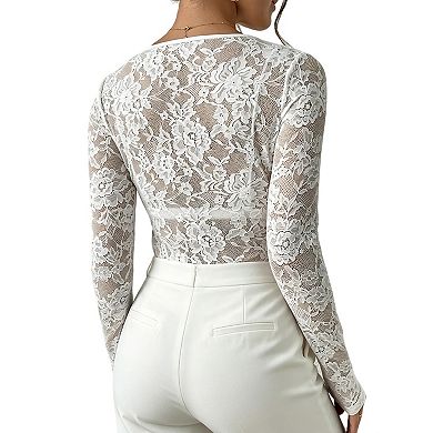 Stretch Lace Deep V-Neck Bodysuit with Scalloped Trim Sheer Long Sleeve, Floral Pattern Snap Closure