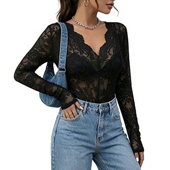 Stretch Lace Deep V-Neck Bodysuit with Scalloped Trim Sheer Long Sleeve, Floral Pattern Snap Closure