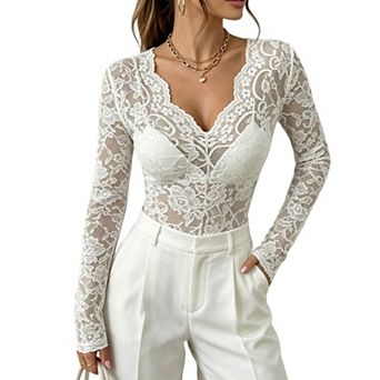 Stretch Lace Deep V-Neck Bodysuit with Scalloped Trim Sheer Long Sleeve, Floral Pattern Snap Closure