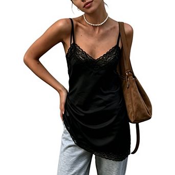 Satin V-Neck Cami Top with Lace Trim & Adjustable Straps Flowy, Lightweight Layering