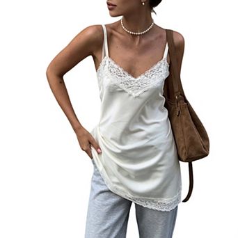 Satin V-Neck Cami Top with Lace Trim & Adjustable Straps Flowy, Lightweight Layering