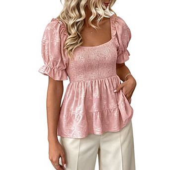 Textured Knit Square Neck Top with Smocked Bodice Puff Sleeves & Tiered Peplum Hem for Casual Chic