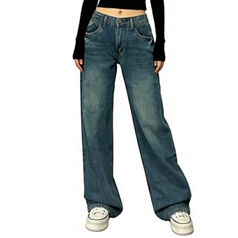 Women's Vintage Washed Wide Leg Jeans, High Waist Baggy Denim Pants with Pockets