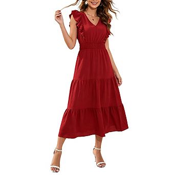 Womens V Neck Ruffle Sleeve Midi Dress Smocked Waist Tiered Elegant Dresses