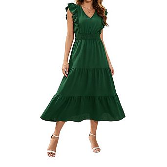 Womens V Neck Ruffle Sleeve Midi Dress Smocked Waist Tiered Elegant Dresses