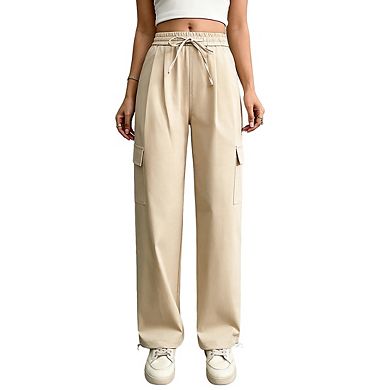 Womens Elastic Waist Straight Leg Cargo Trousers with Tie Front Pocket Pants
