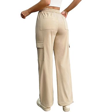 Womens Elastic Waist Straight Leg Cargo Trousers with Tie Front Pocket Pants
