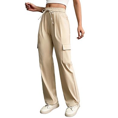 Womens Elastic Waist Straight Leg Cargo Trousers with Tie Front Pocket Pants