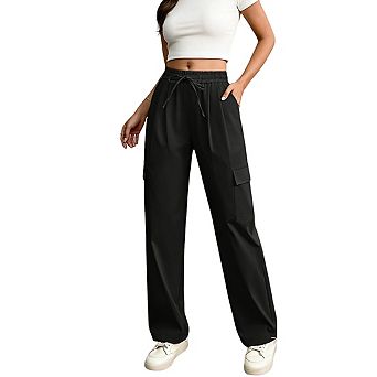 Womens Elastic Waist Straight Leg Cargo Trousers with Tie Front Pocket Pants