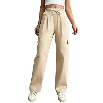Womens Elastic Waist Straight Leg Cargo Trousers with Tie Front Pocket Pants