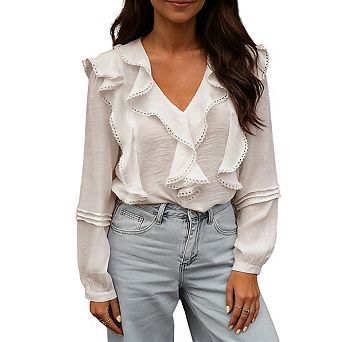 Womens V Neck Long Sleeve Blouse with Ruffle Trim Detail Pleated Cuff Shirts