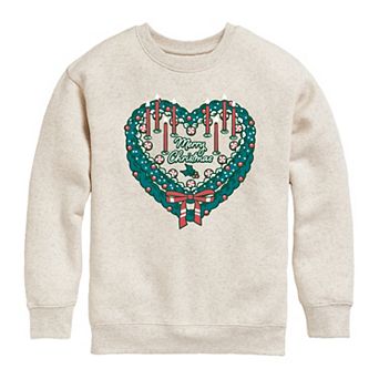 Girls 7-16 Merry Christmas Heart Cake Wreath Crew Fleece Sweatshirt