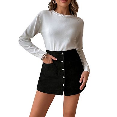 Womens High Waist Corduroy Mini Skirt Button Front Pocket Casual Skirts