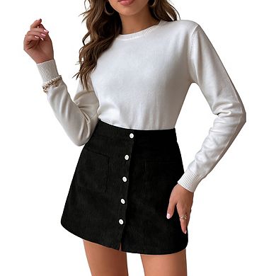 Womens High Waist Corduroy Mini Skirt Button Front Pocket Casual Skirts