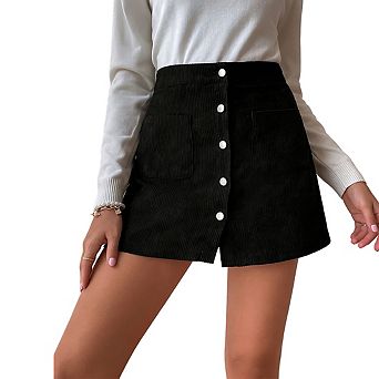 Womens High Waist Corduroy Mini Skirt Button Front Pocket Casual Skirts