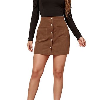 Womens High Waist Corduroy Mini Skirt Button Front Pocket Casual Skirts