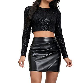 Womens Bodycon Faux Leather Mini Skirt with Asymmetrical Hem and Ruched Waist Detail