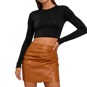 Womens Bodycon Faux Leather Mini Skirt with Asymmetrical Hem and Ruched Waist Detail