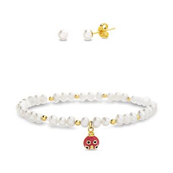 petit cheris 14k Gold Flash Plated Ladybug Elastic Bracelet & Simulated Pearl Stud Earring Set