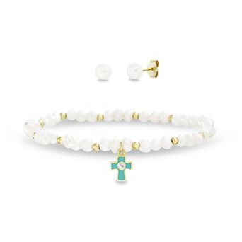 petit cheris Brass 14k Gold Flash Plated Pearl Cross Elastic Bracelet & Pearl Stud Earring Set