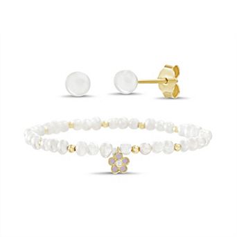 petit cheris 14k Gold Flash Plated Flower Bracelet & Simulated Pearl Stud Earring Set