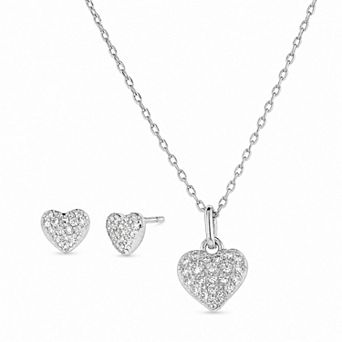 petit cheris Fine Silver Plated Cubic Zirconia Prong Set Heart Pendant Necklace & Earrings Set
