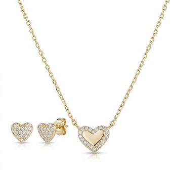 petit cheris Kids 14k Gold Flash Plated Pave Cubic Zirconia Heart Necklace & Stud Earring Set