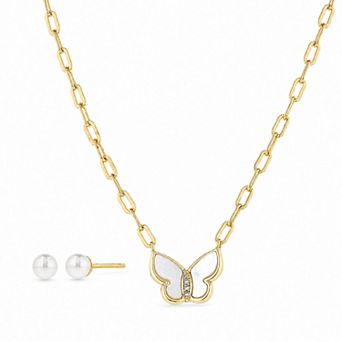 petit cheris 14k Gold Flash Plated Cultured Pearl Butterfly Necklace & Simulated Pearl Stud Earring Set