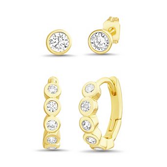petit cheris Brass 14k Gold Flash Plated Round 2-Pair Hoop & Stud Earring Set
