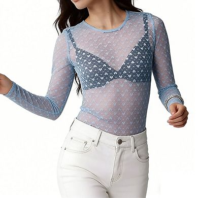 Womens Long Sleeve Sheer Mesh Crop Top with Heart Pattern Casual Blouse