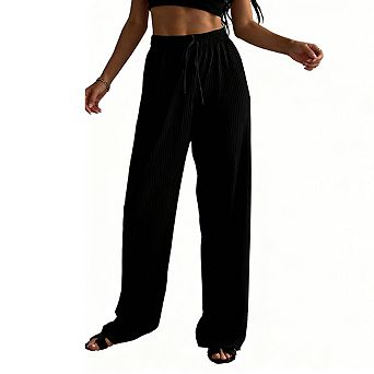 Womens High Waist Ribbed Straight Leg Palazzo Pants Self Tie Waist Casual Trouser