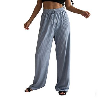 Womens High Waist Ribbed Straight Leg Palazzo Pants Self Tie Waist Casual Trouser