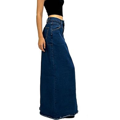 Womens Denim Maxi Skirt A Line Raw Edge Hem Asymmetrical Seam Casual Skirts