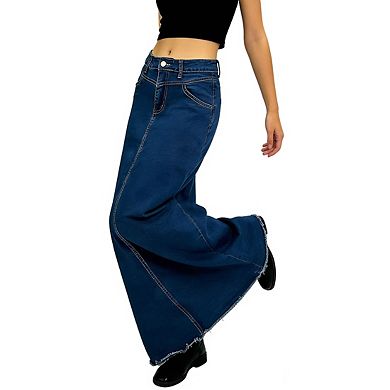 Womens Denim Maxi Skirt A Line Raw Edge Hem Asymmetrical Seam Casual Skirts