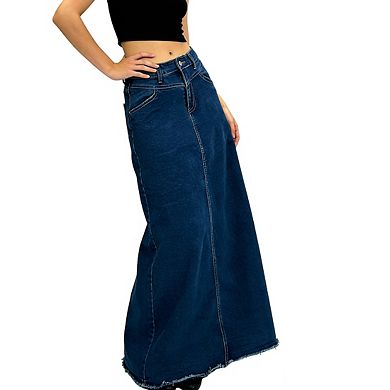 Womens Denim Maxi Skirt A Line Raw Edge Hem Asymmetrical Seam Casual Skirts