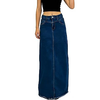 Womens Denim Maxi Skirt A Line Raw Edge Hem Asymmetrical Seam Casual Skirts