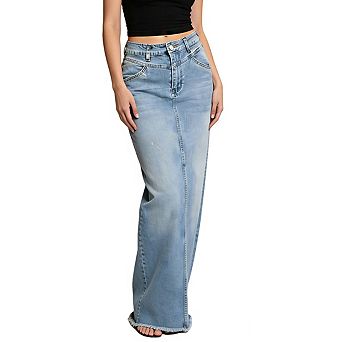 Womens Denim Maxi Skirt A Line Raw Edge Hem Asymmetrical Seam Casual Skirts