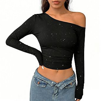 Womens Asymmetrical Neck Long Sleeve Ribbed Knit Casual Crop Top