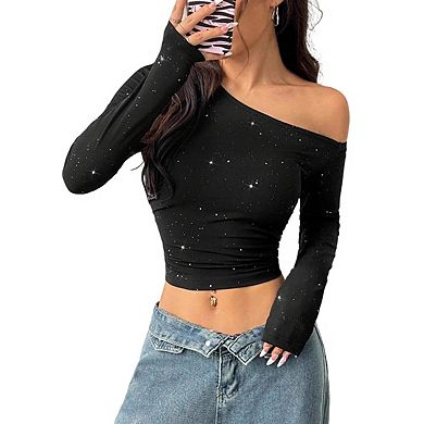 Womens Asymmetrical Neck Long Sleeve Ribbed Knit Casual Crop Top