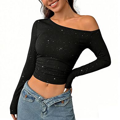 Womens Asymmetrical Neck Long Sleeve Ribbed Knit Casual Crop Top